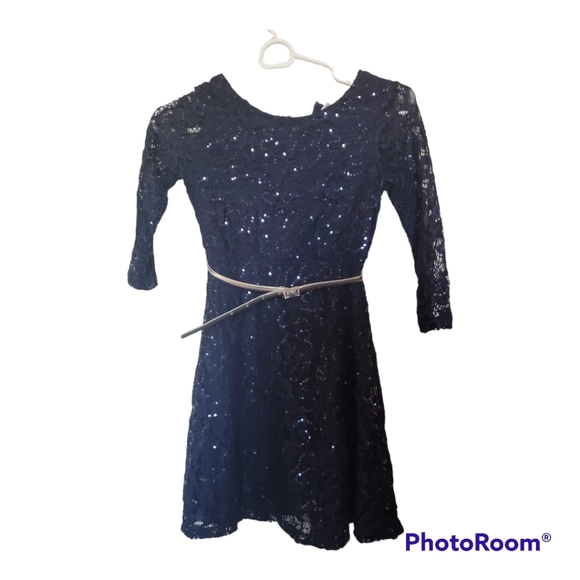 Girl's Navy Blue Sequin Flare Dress - Size 8 - Picture 1 of 4